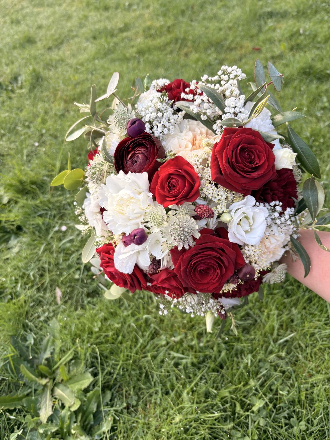 Brautstrauß in Dunkelrot und Weiß mit Rosen, Ranunkeln und Schleierkraut